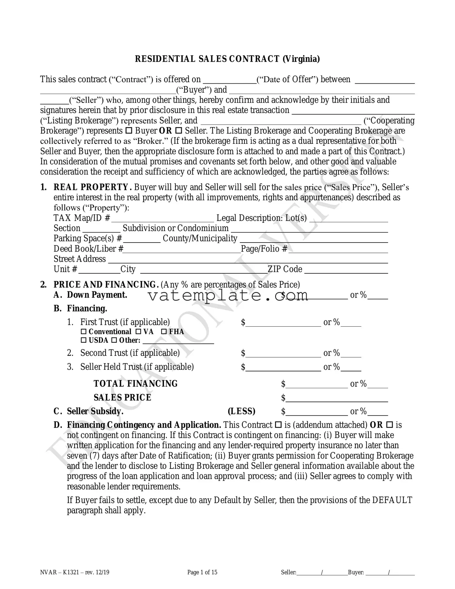 Fill Out a Valid No Broker Residential Sales Virginia Template