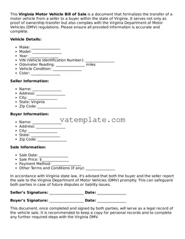 Attorney-Approved  Motor Vehicle Bill of Sale Template for Virginia