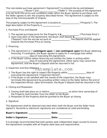 Attorney-Approved  Real Estate Purchase Agreement Template for Virginia