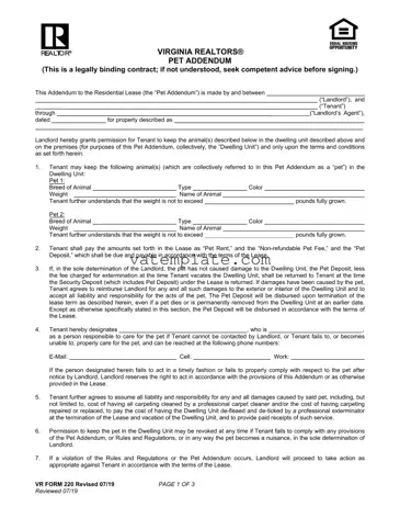 Fill Out a Valid Virginia Realtors Pet Addendum Template