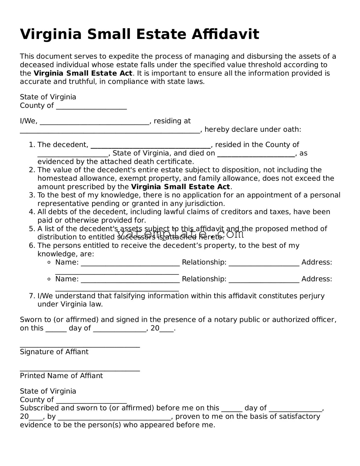 Attorney-Approved  Small Estate Affidavit Template for Virginia