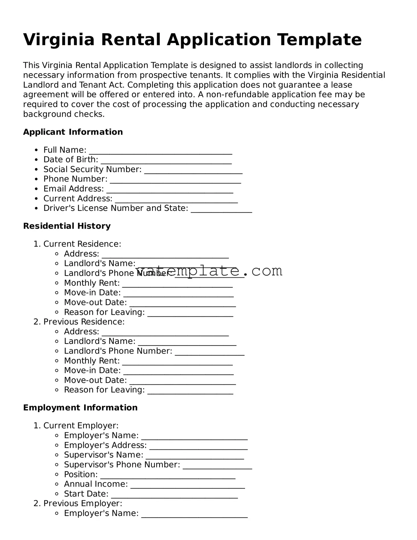 Attorney-Approved  Rental Application Template for Virginia
