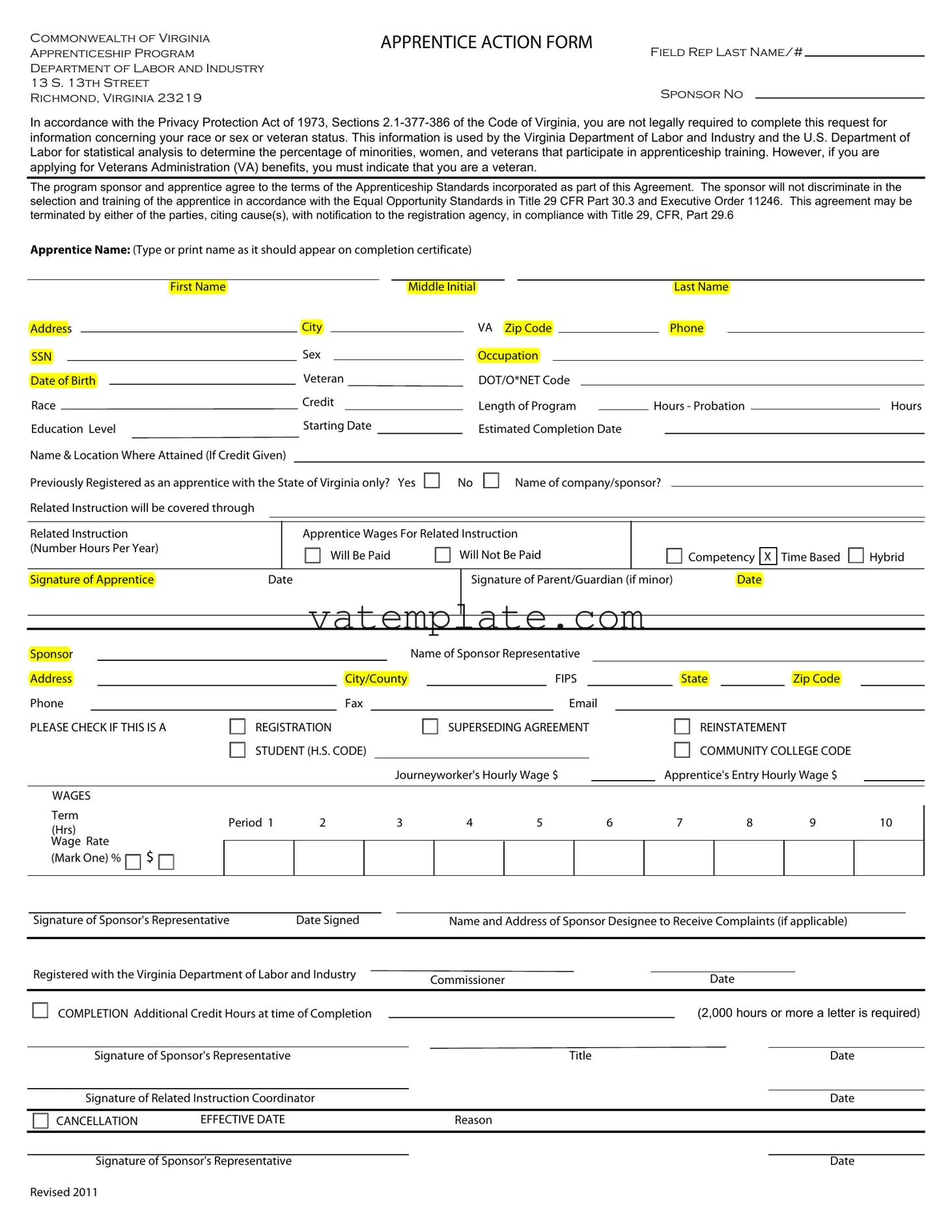 Fill Out a Valid Virginia Apprentice Action Template