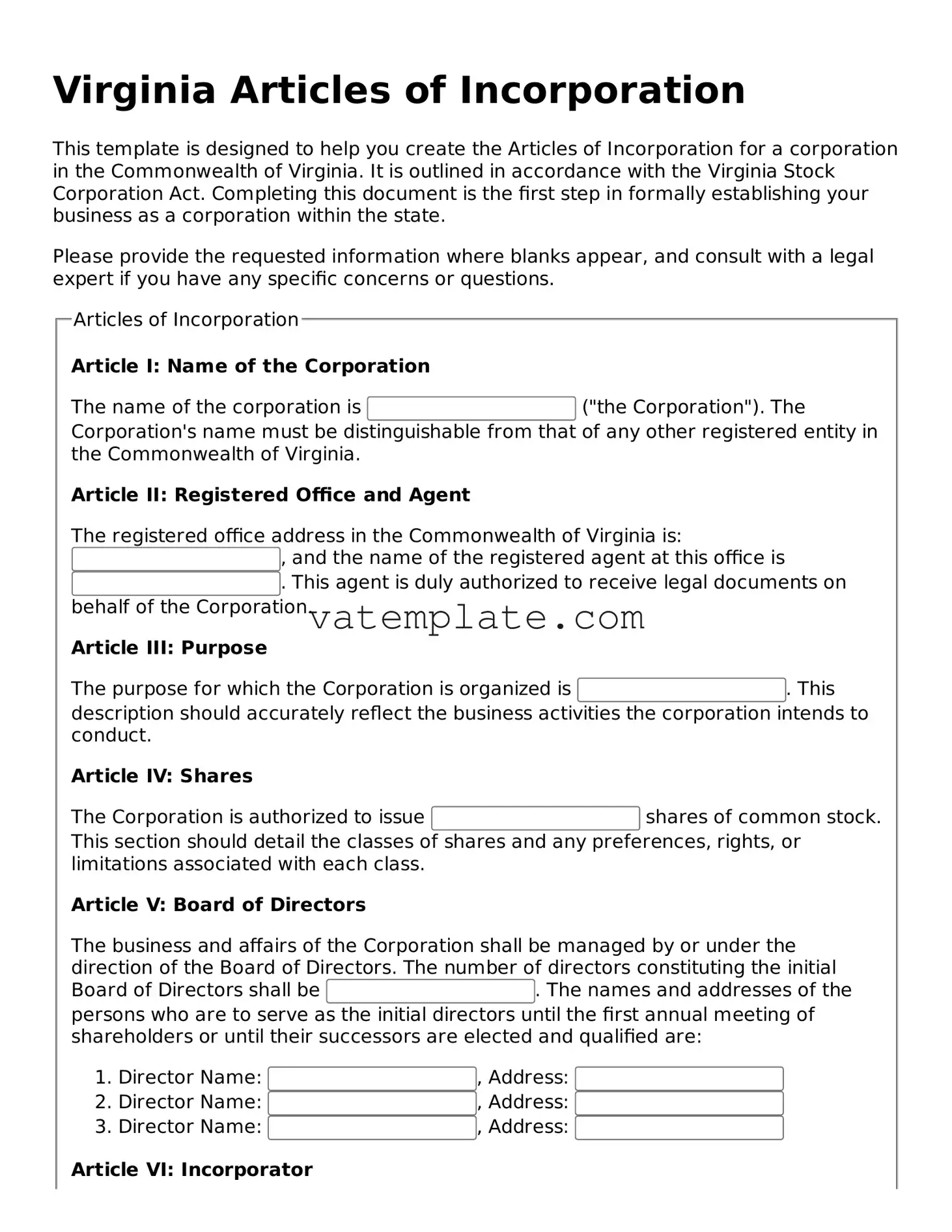 Attorney-Approved  Articles of Incorporation Template for Virginia