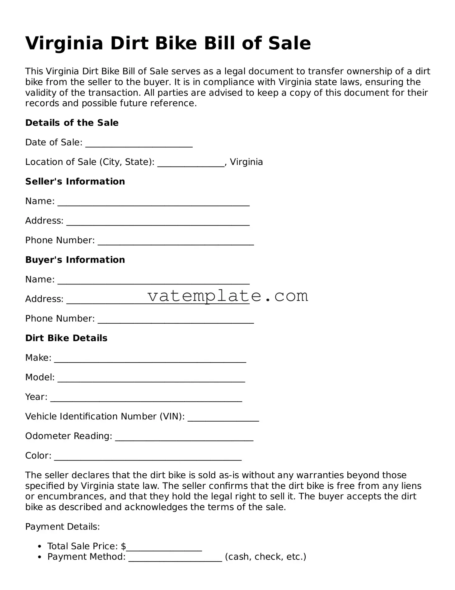 Attorney-Approved  Dirt Bike Bill of Sale Template for Virginia