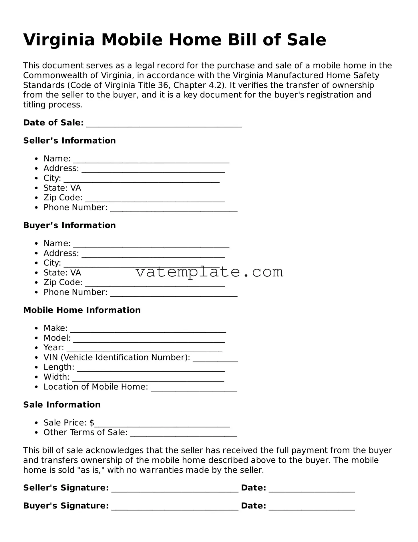 Attorney-Approved  Mobile Home Bill of Sale Template for Virginia