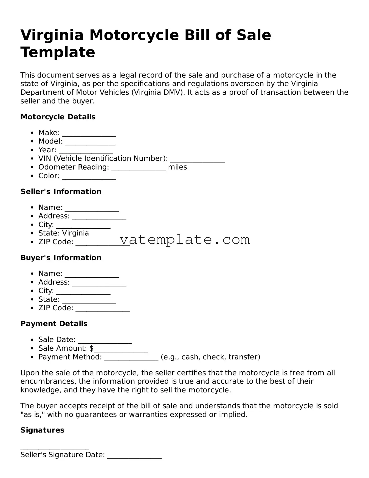 Attorney-Approved  Motorcycle Bill of Sale Template for Virginia