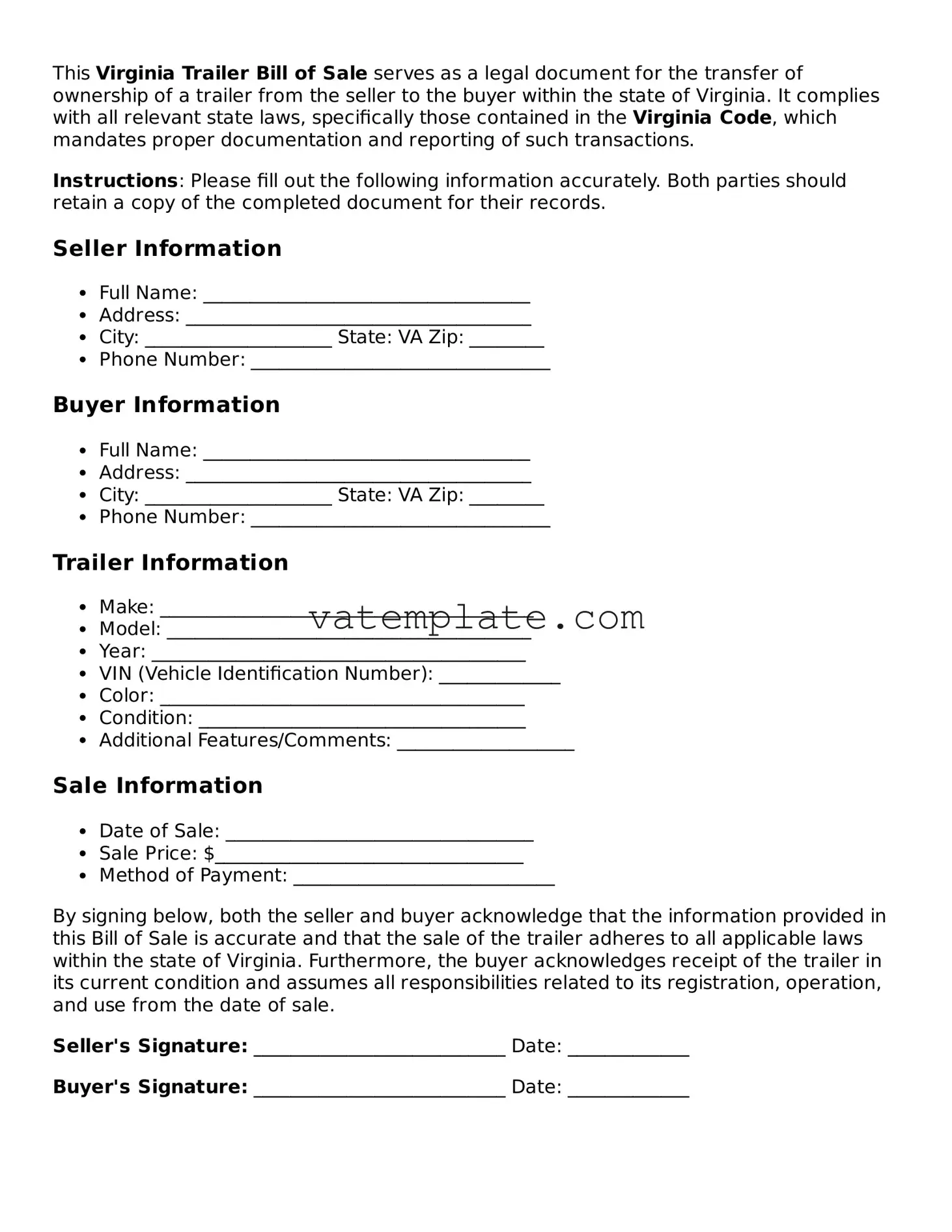 Attorney-Approved  Trailer Bill of Sale Template for Virginia