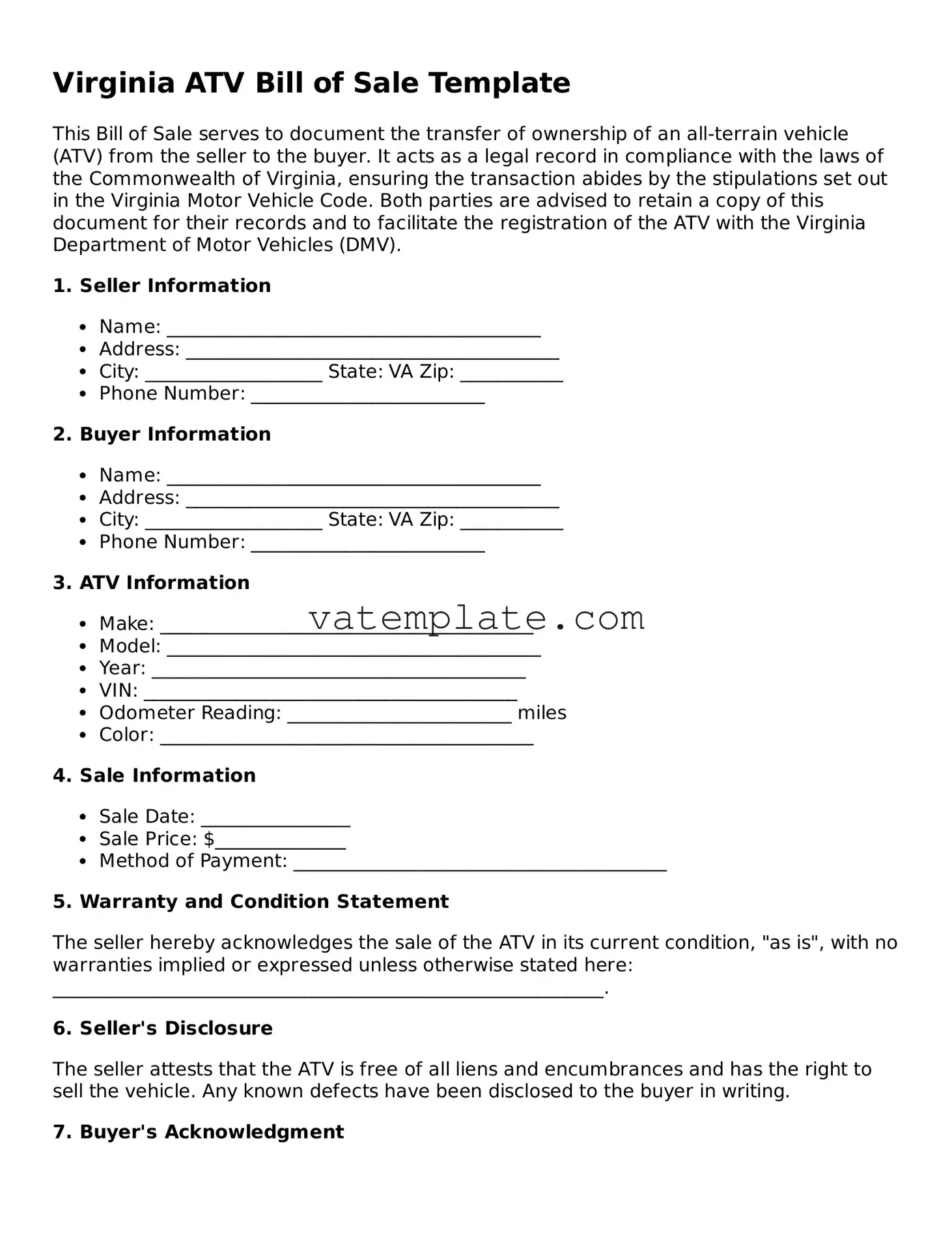 Attorney-Approved  ATV Bill of Sale Template for Virginia
