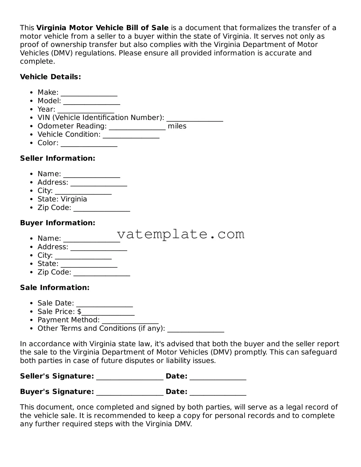 Attorney-Approved  Motor Vehicle Bill of Sale Template for Virginia