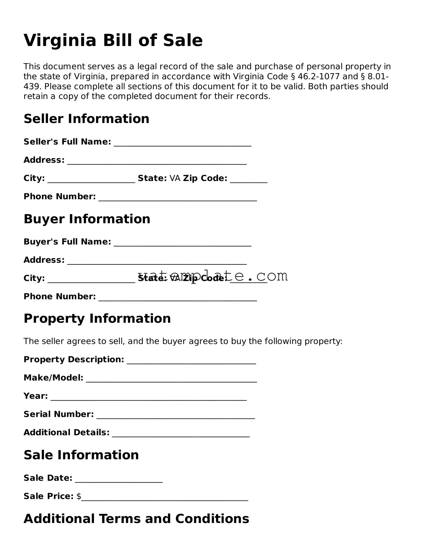 Attorney-Approved  Bill of Sale Template for Virginia