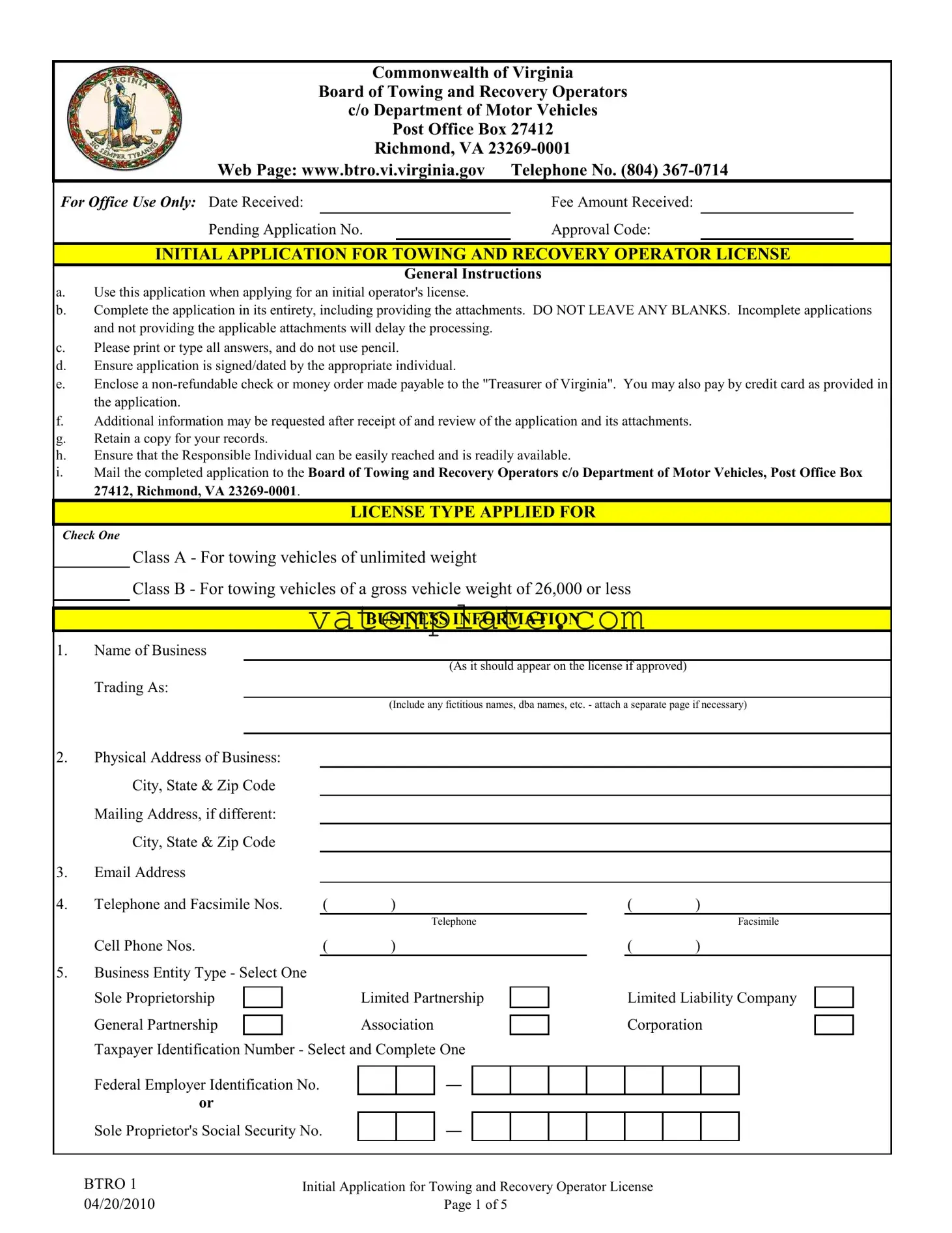 Fill Out a Valid Virginia Btro 1 Template