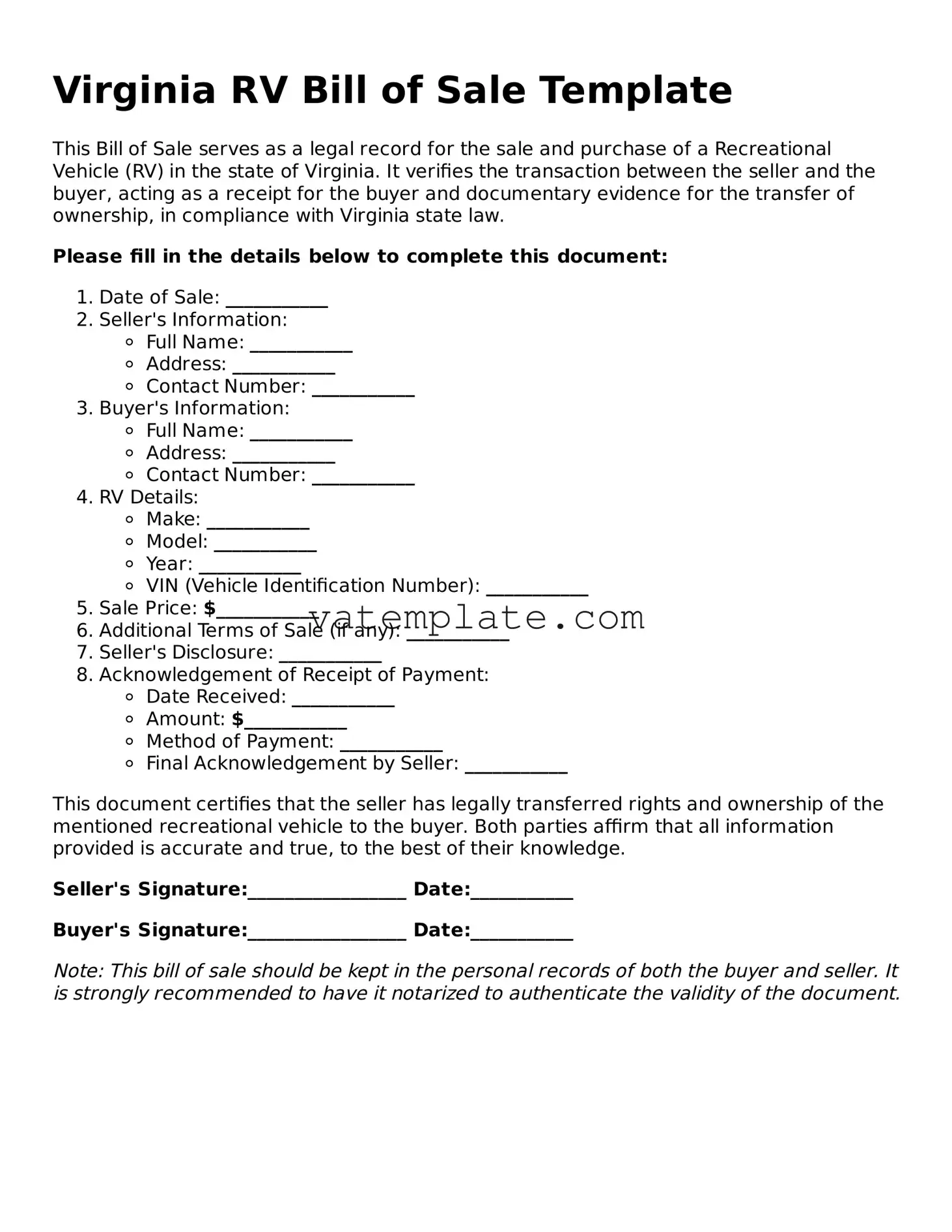 Attorney-Approved  RV Bill of Sale Template for Virginia