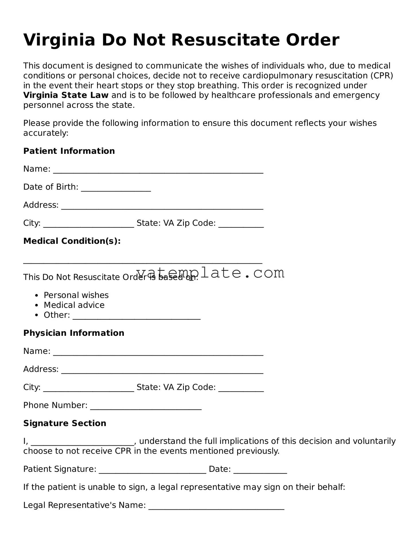 Attorney-Approved  Do Not Resuscitate Order Template for Virginia