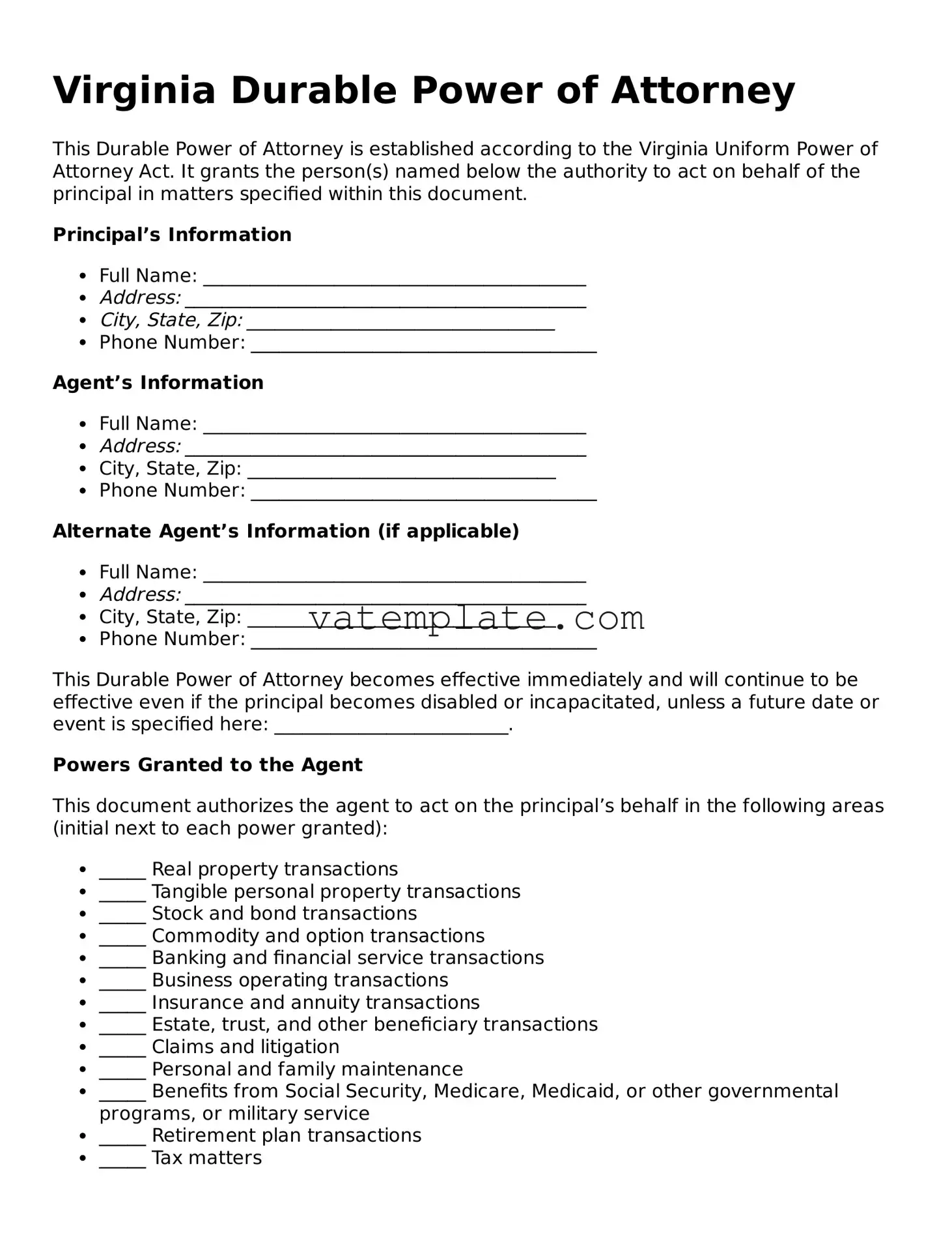 Attorney-Approved  Durable Power of Attorney Template for Virginia