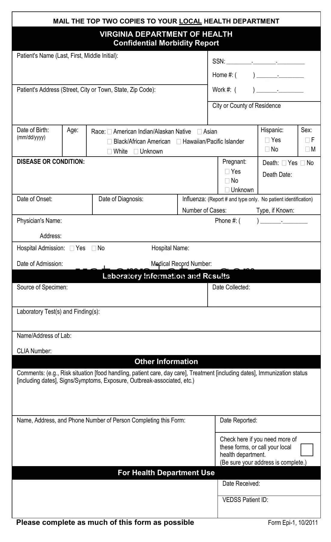 Fill Out a Valid Virginia Epi 1 Template