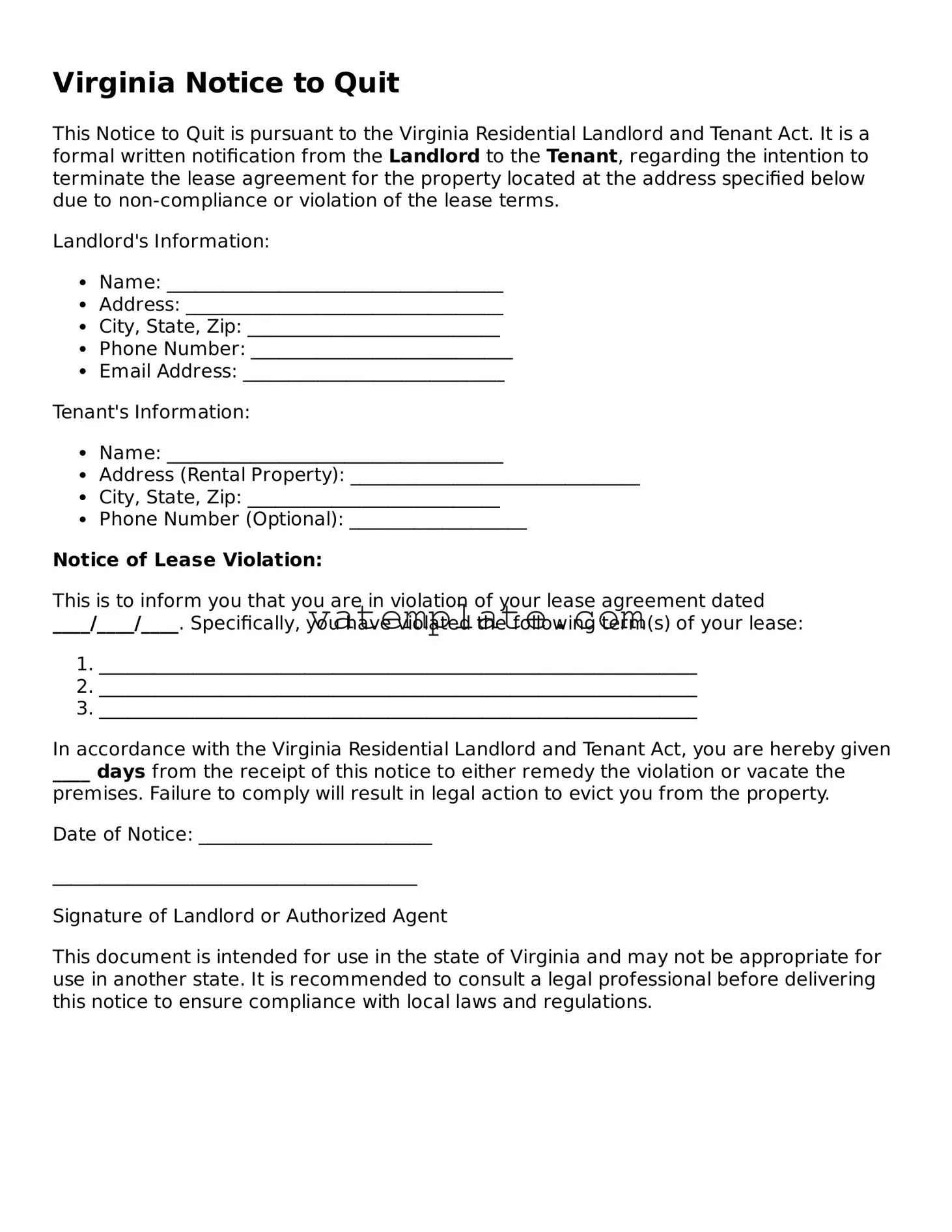 Attorney-Approved  Notice to Quit Template for Virginia