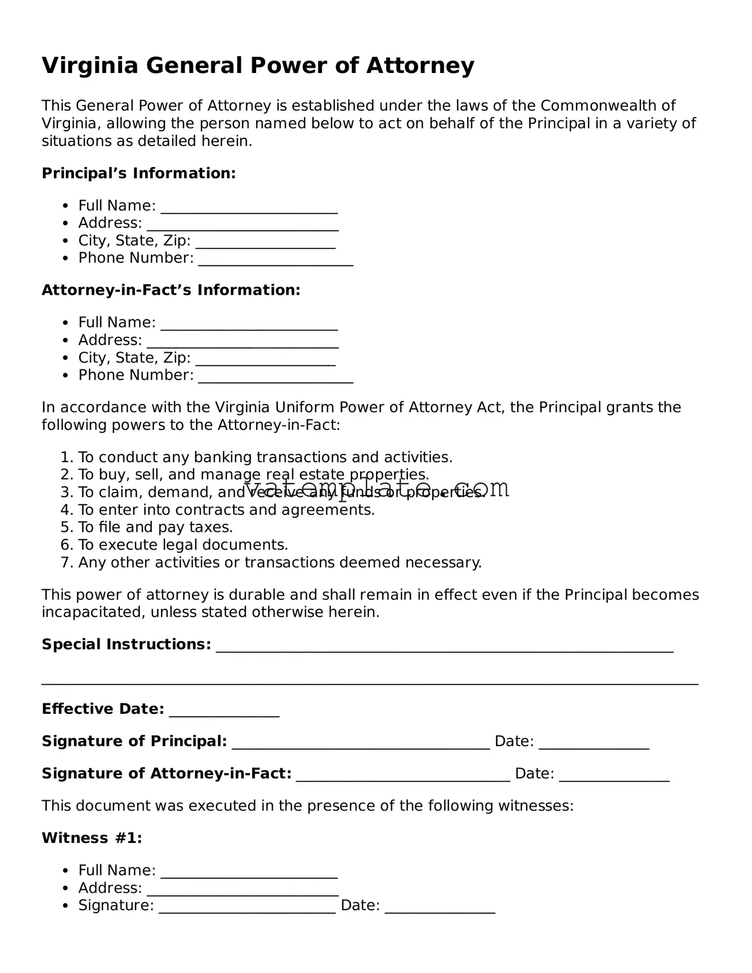 Attorney-Approved  General Power of Attorney Template for Virginia
