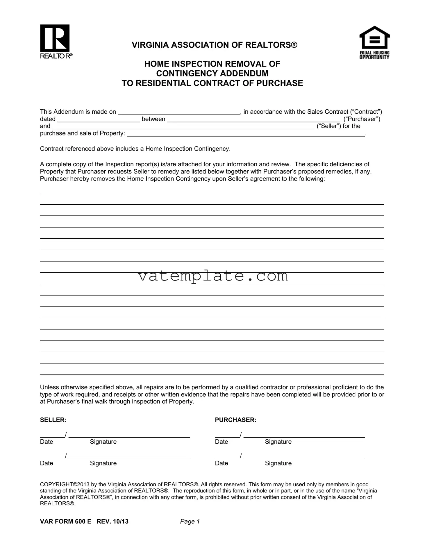 Fill Out a Valid Virginia Home Inspection Addendum Template