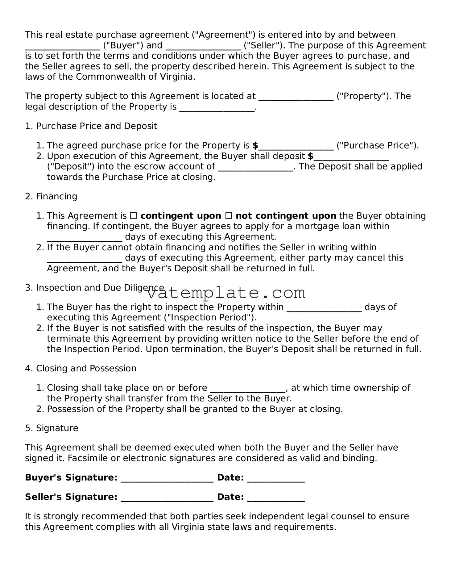 Attorney-Approved  Real Estate Purchase Agreement Template for Virginia