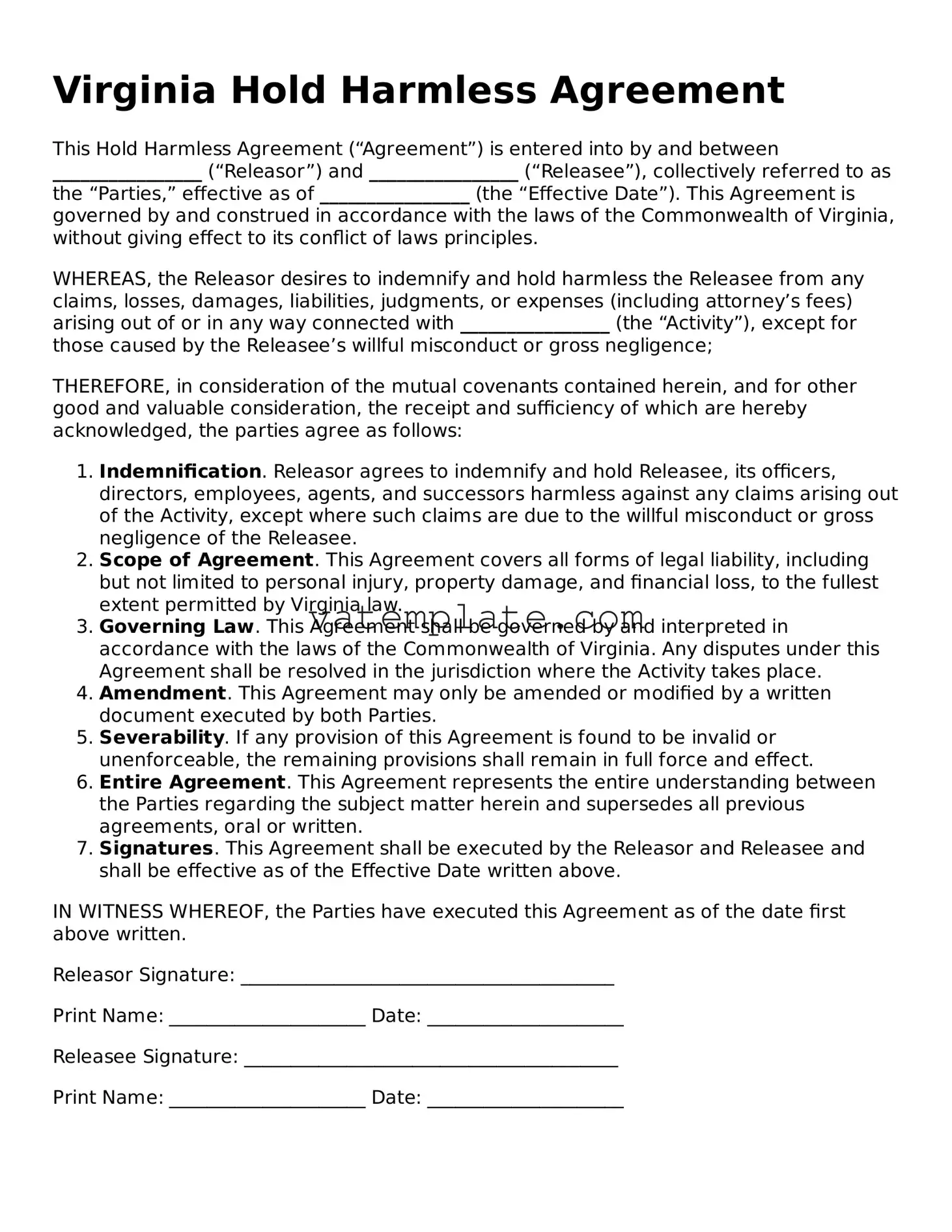 Attorney-Approved  Hold Harmless Agreement Template for Virginia