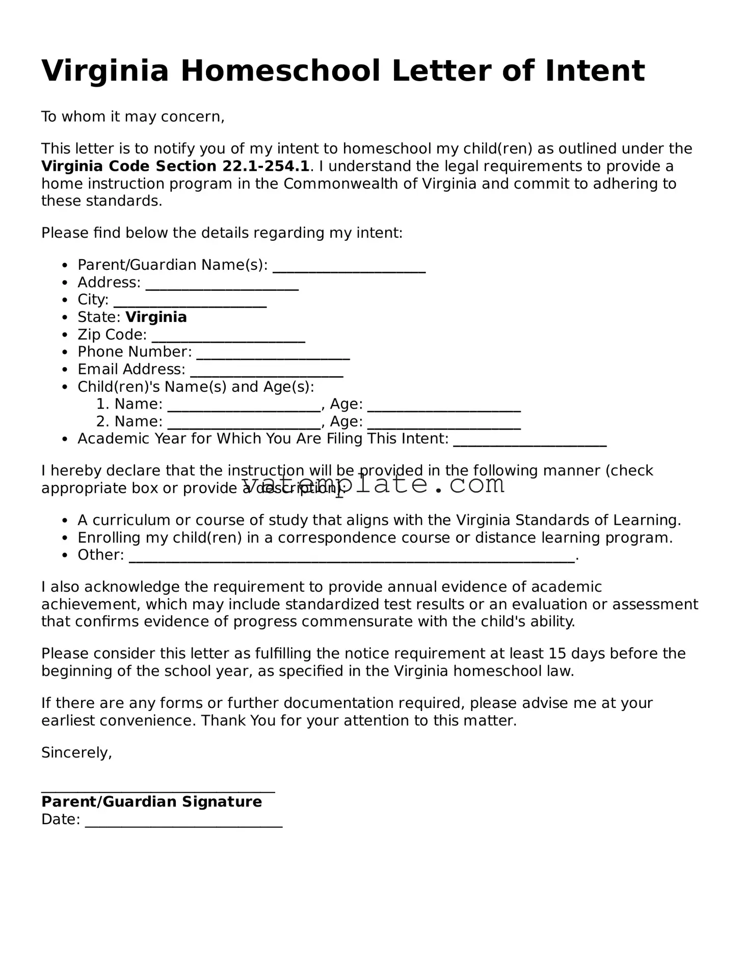 Attorney-Approved  Homeschool Letter of Intent Template for Virginia