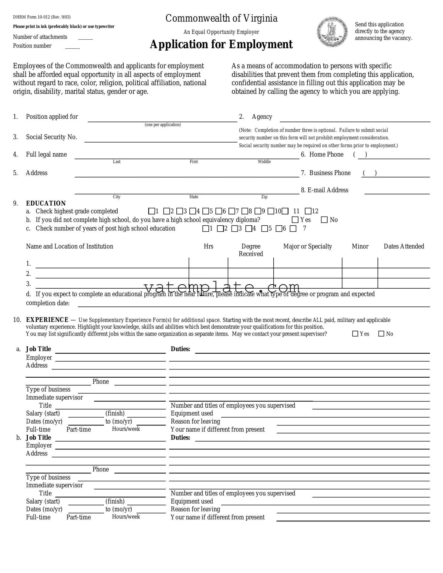Fill Out a Valid Virginia Job Application Template