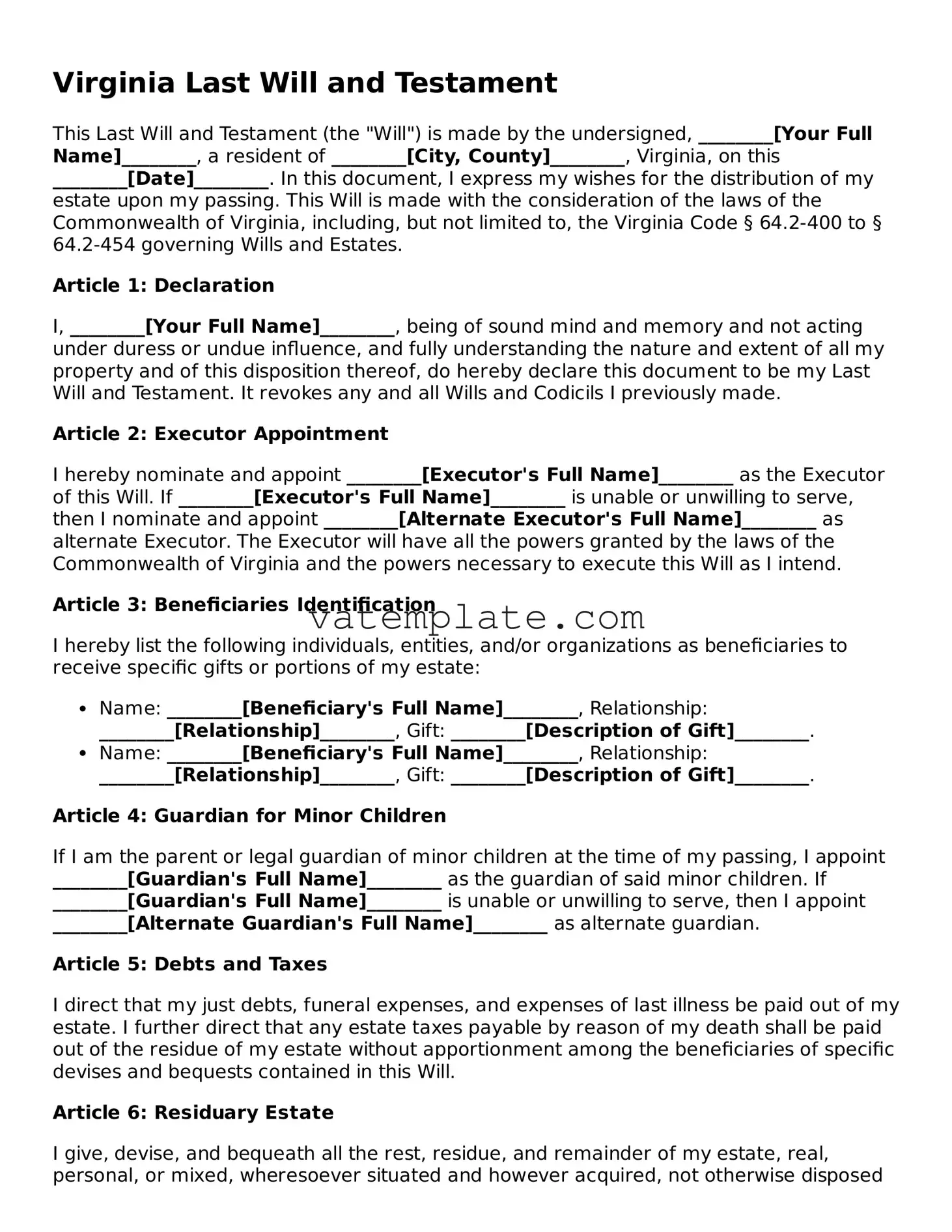 Attorney-Approved  Last Will and Testament Template for Virginia