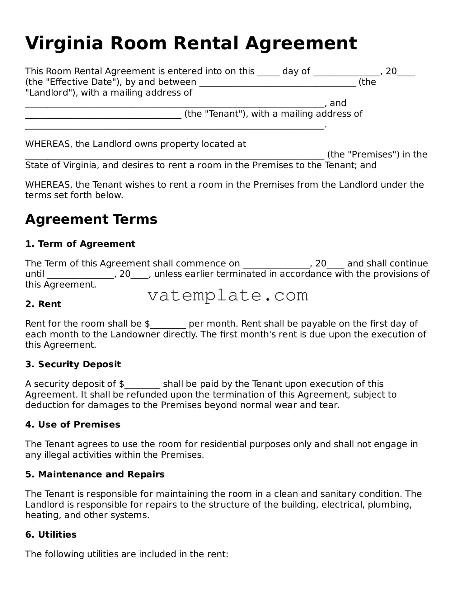 Attorney-Approved  Room Rental Agreement Template for Virginia