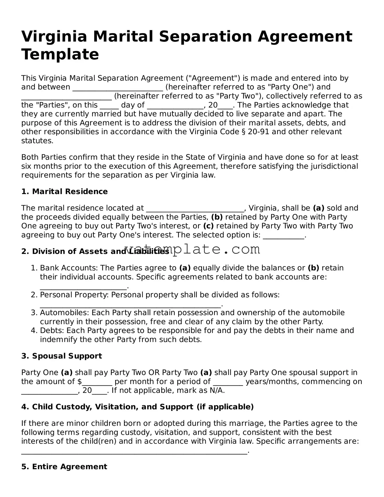 Attorney-Approved  Marital Separation Agreement Template for Virginia