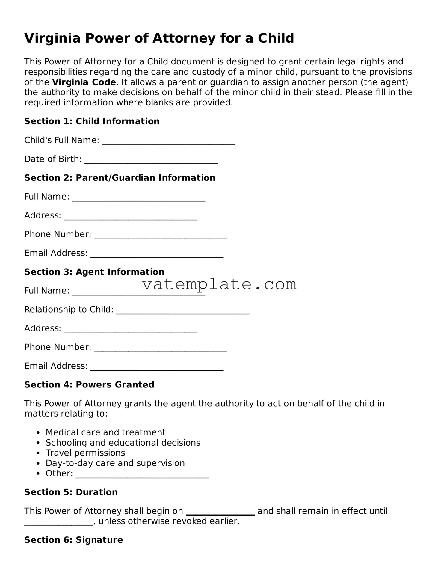 Attorney-Approved  Power of Attorney for a Child Template for Virginia