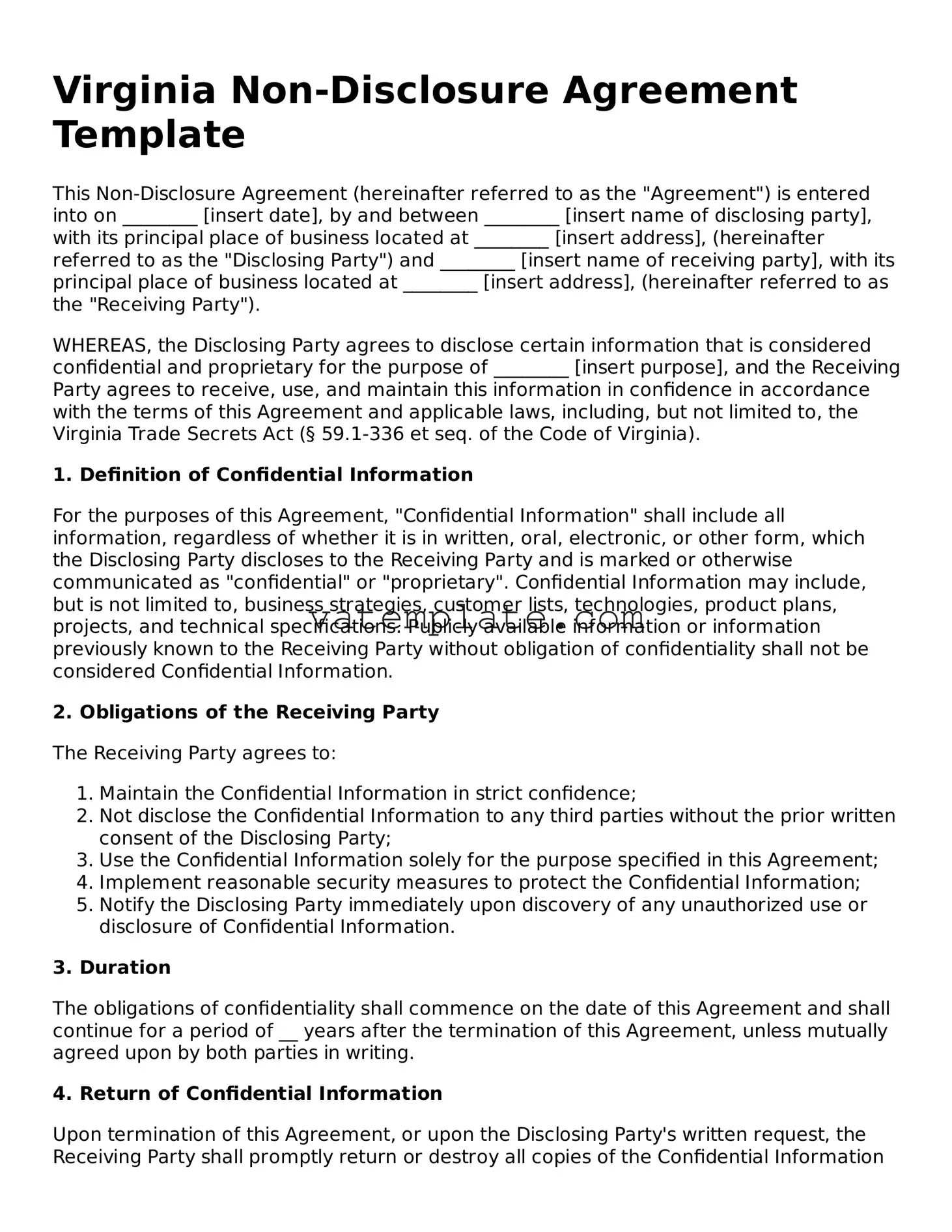 Attorney-Approved  Non-disclosure Agreement Template for Virginia