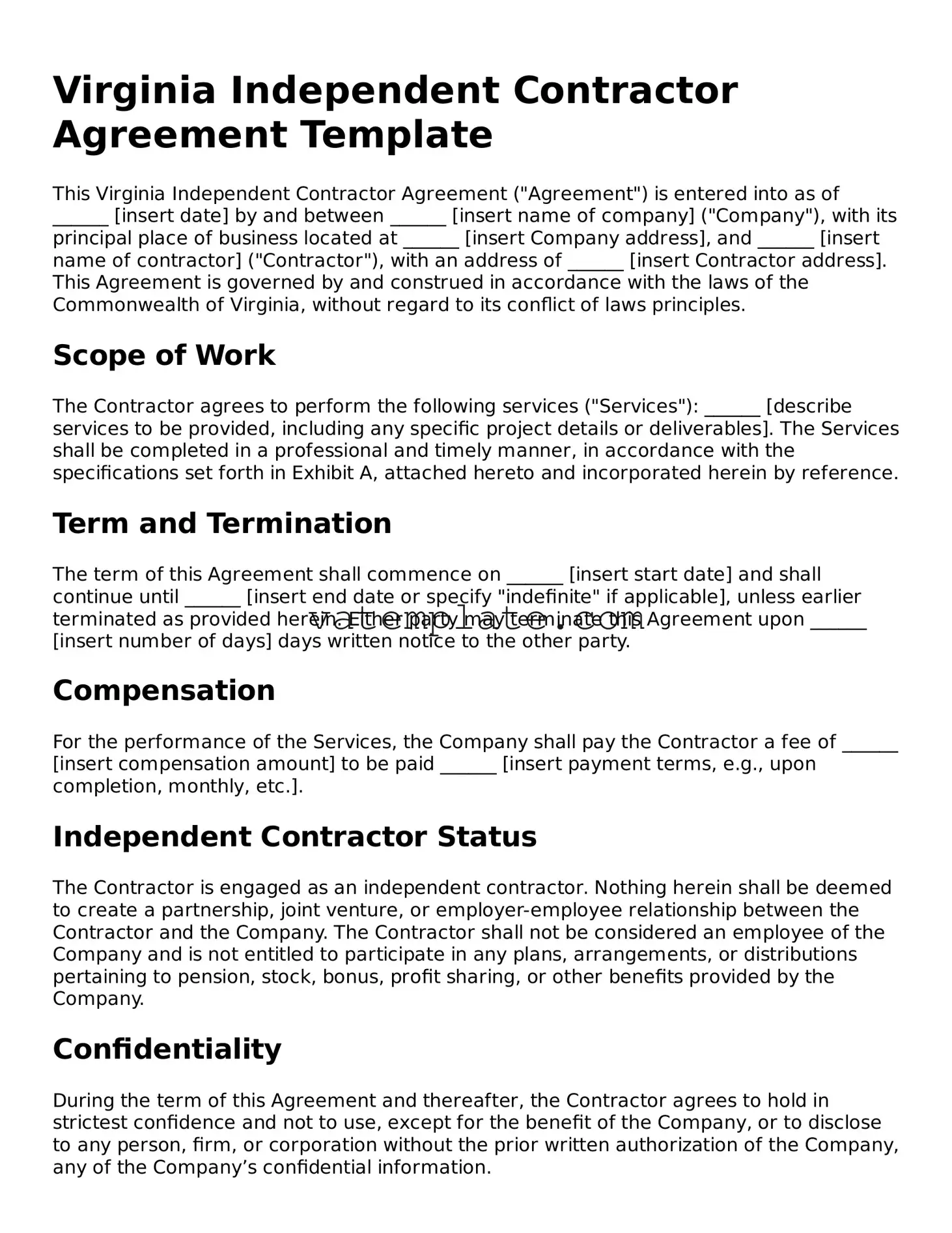 Attorney-Approved  Independent Contractor Agreement Template for Virginia