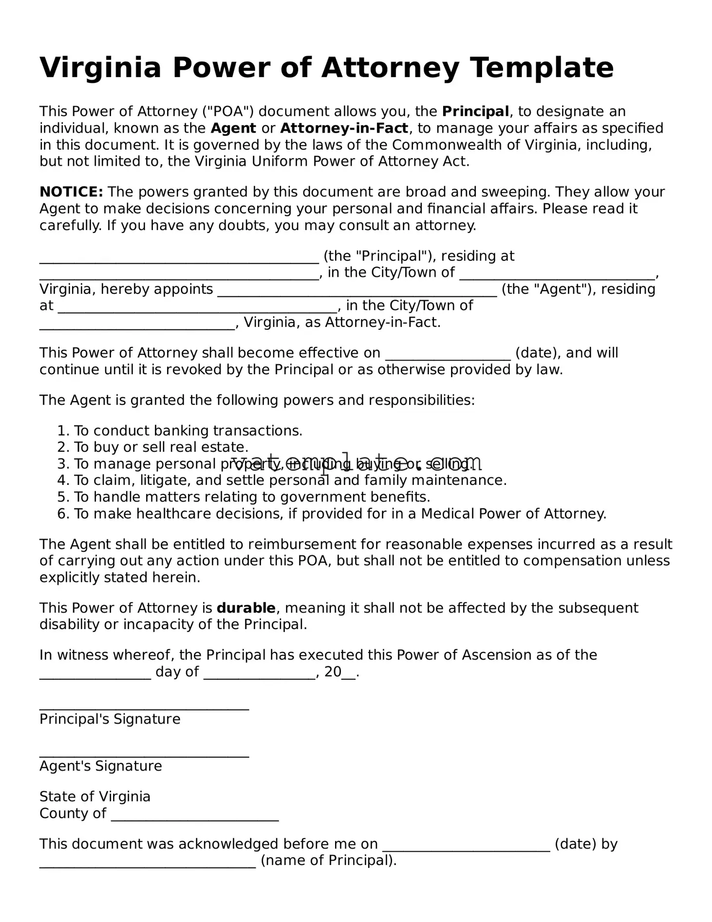 Attorney-Approved  Power of Attorney Template for Virginia