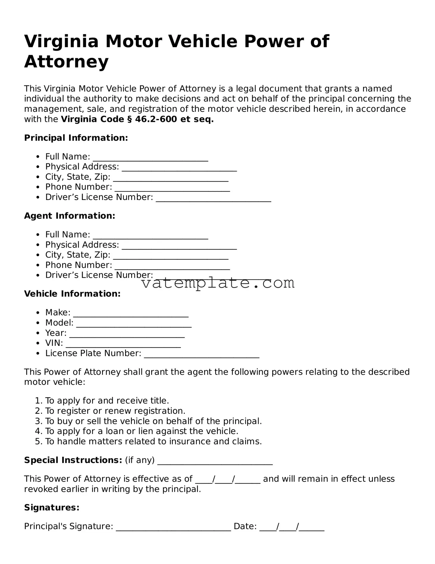 Attorney-Approved  Motor Vehicle Power of Attorney Template for Virginia