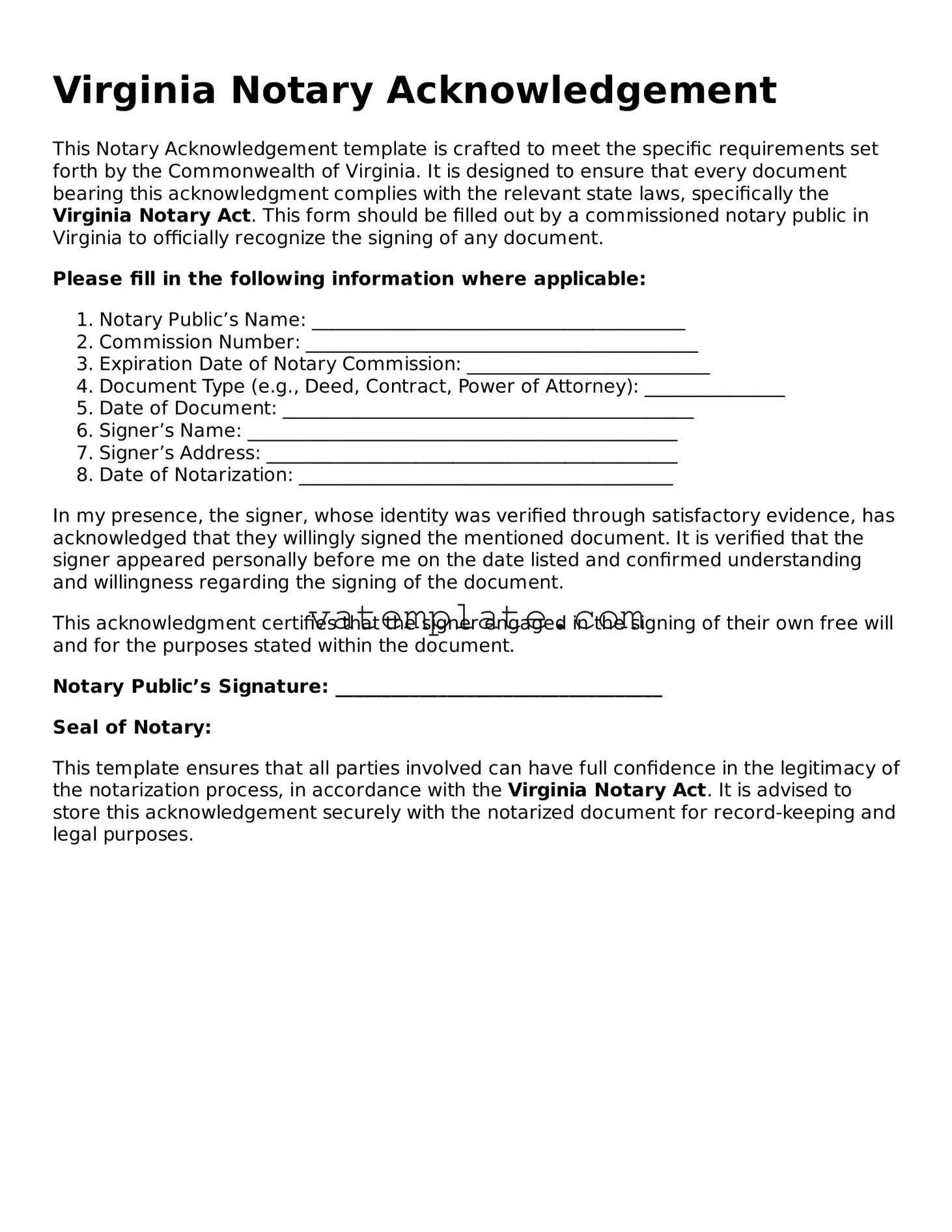 Attorney-Approved  Notary Acknowledgement Template for Virginia