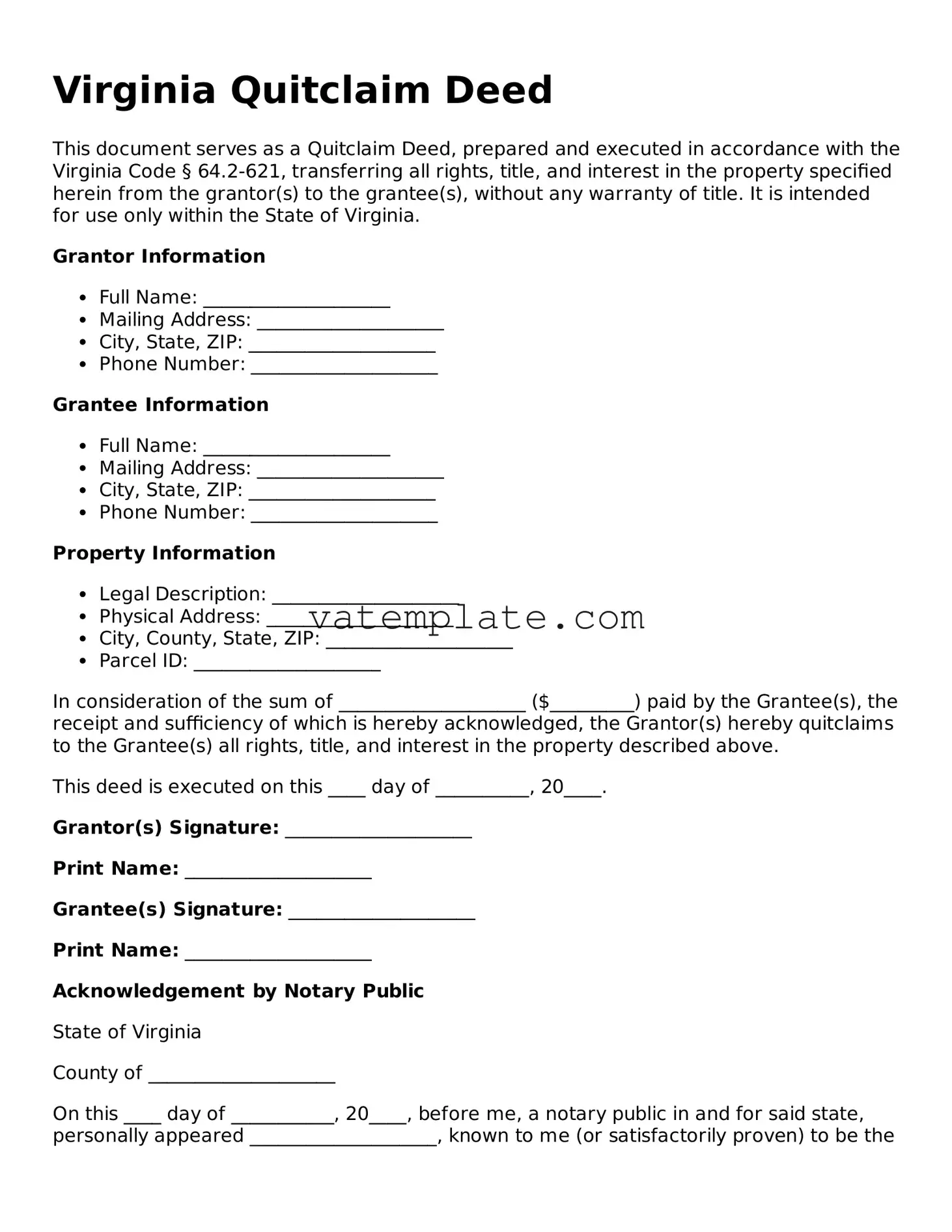 Attorney-Approved  Quitclaim Deed Template for Virginia