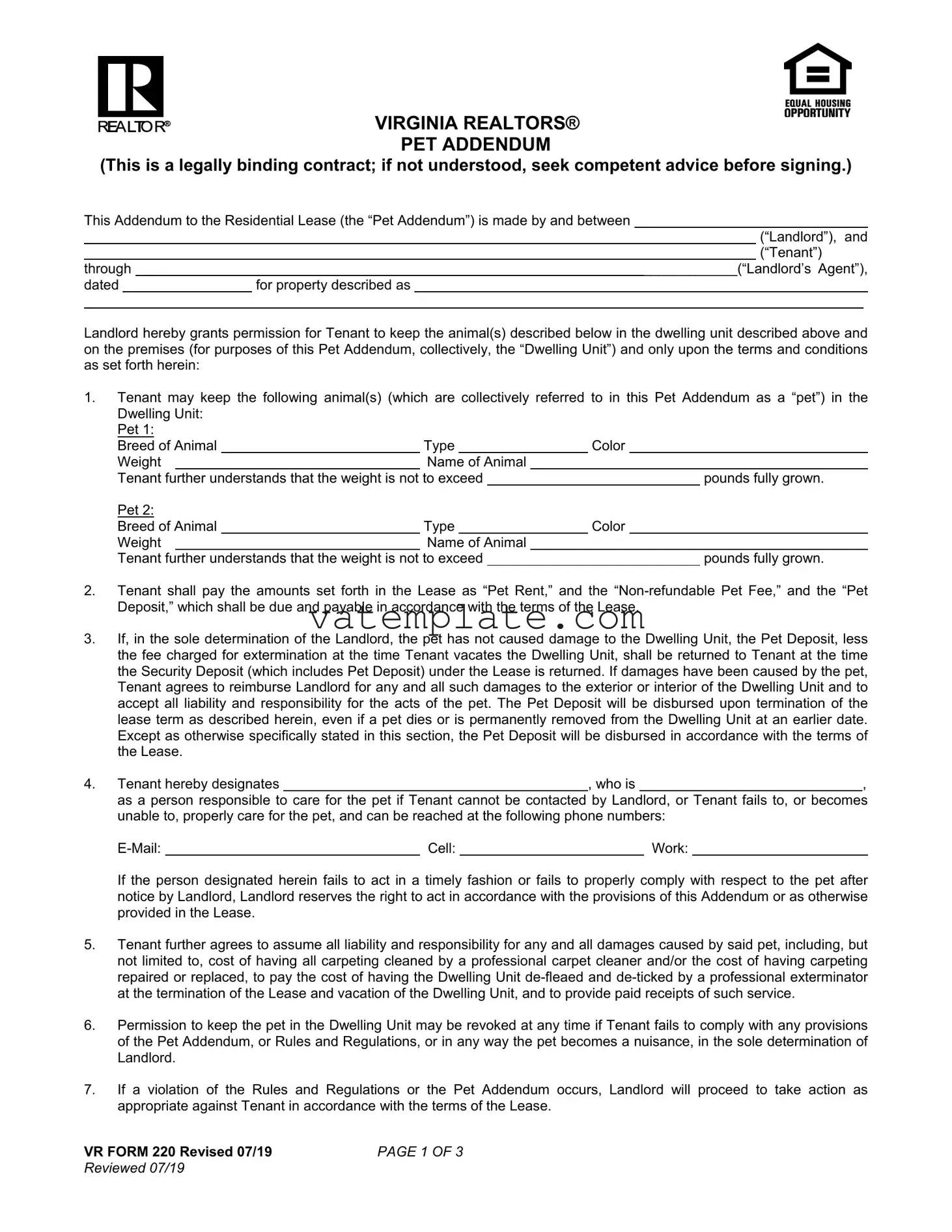 Fill Out a Valid Virginia Realtors Pet Addendum Template