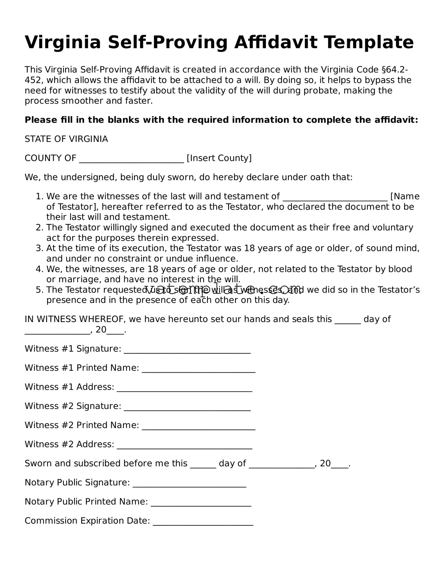 Attorney-Approved  Self-Proving Affidavit Template for Virginia