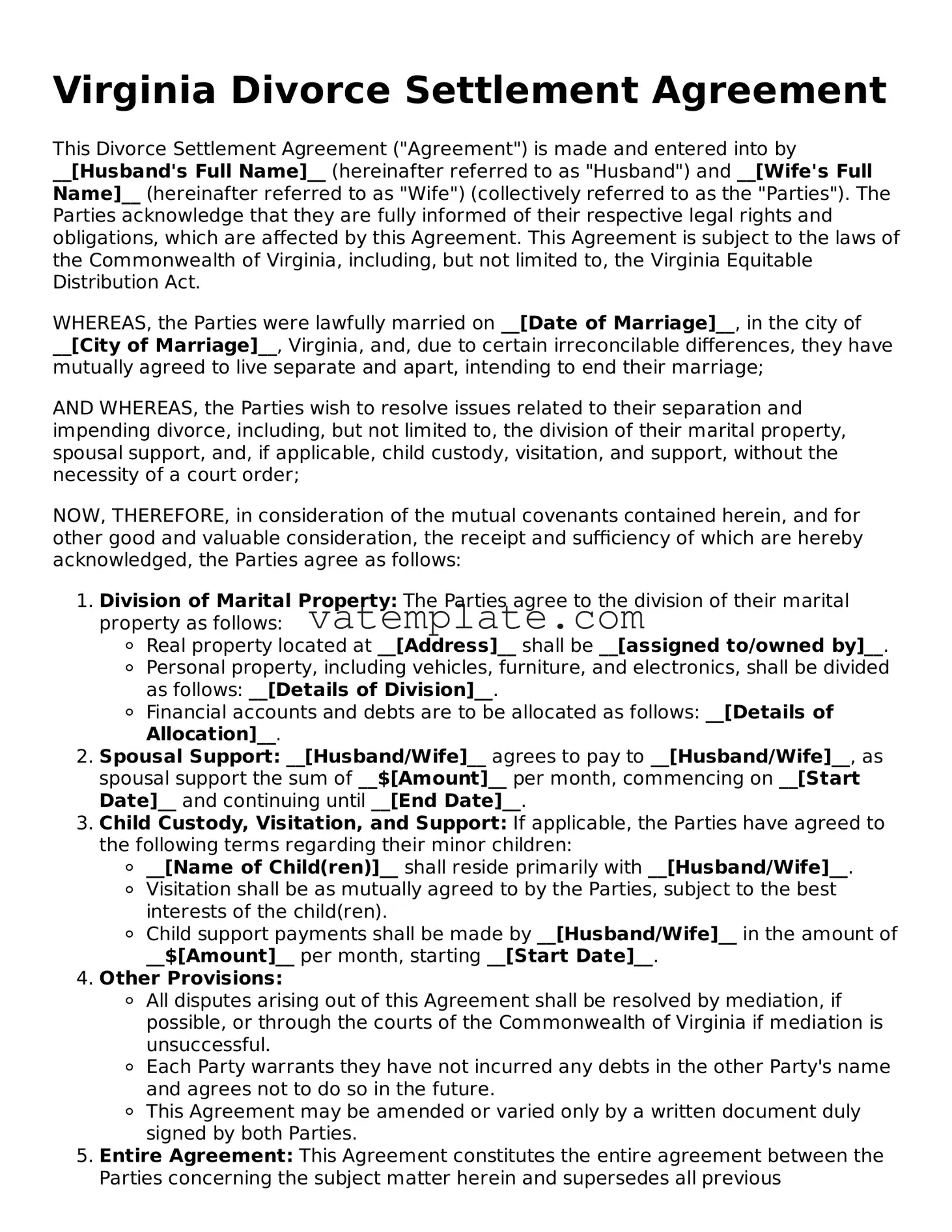 Attorney-Approved  Divorce Settlement Agreement Template for Virginia