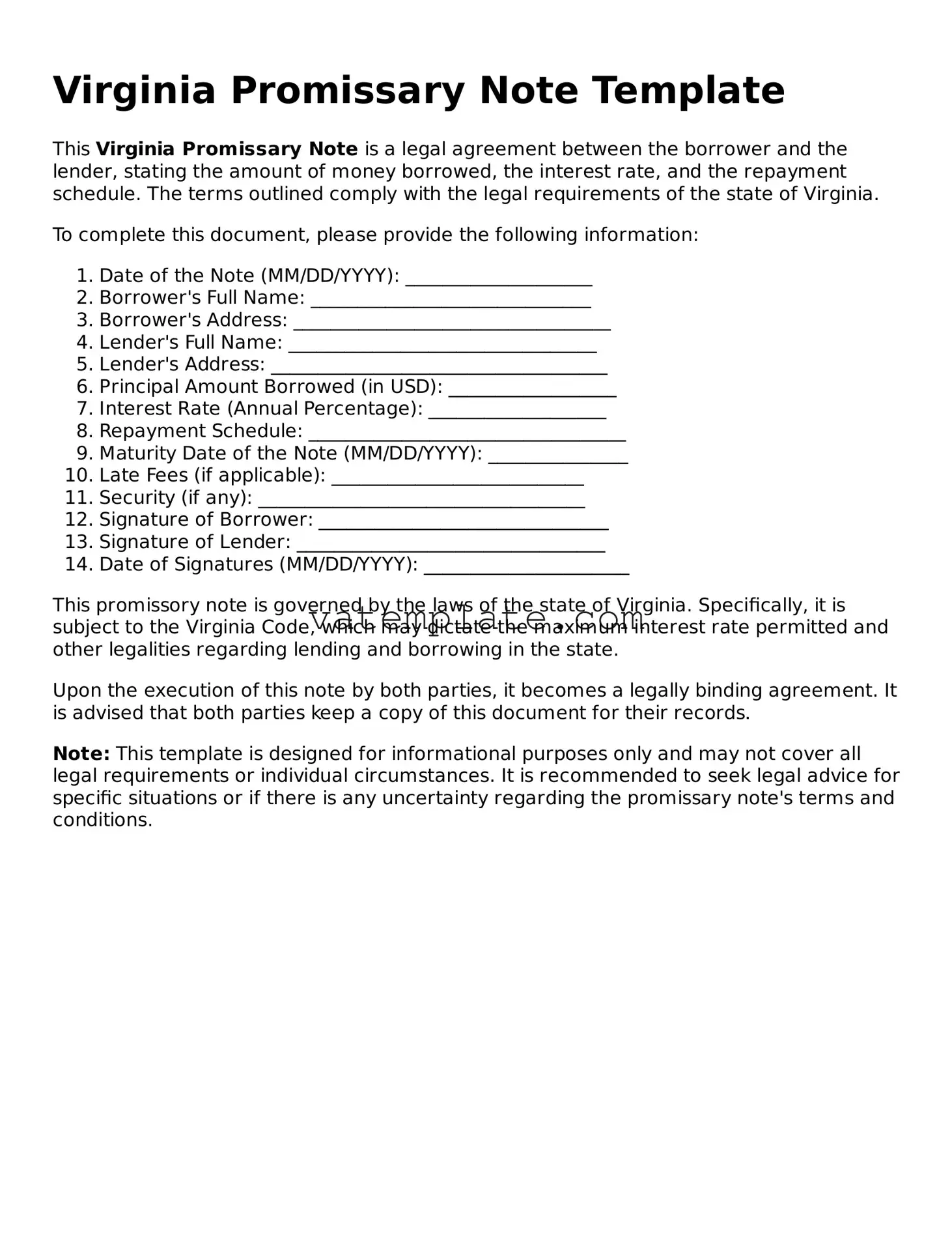Attorney-Approved  Promissory Note Template for Virginia
