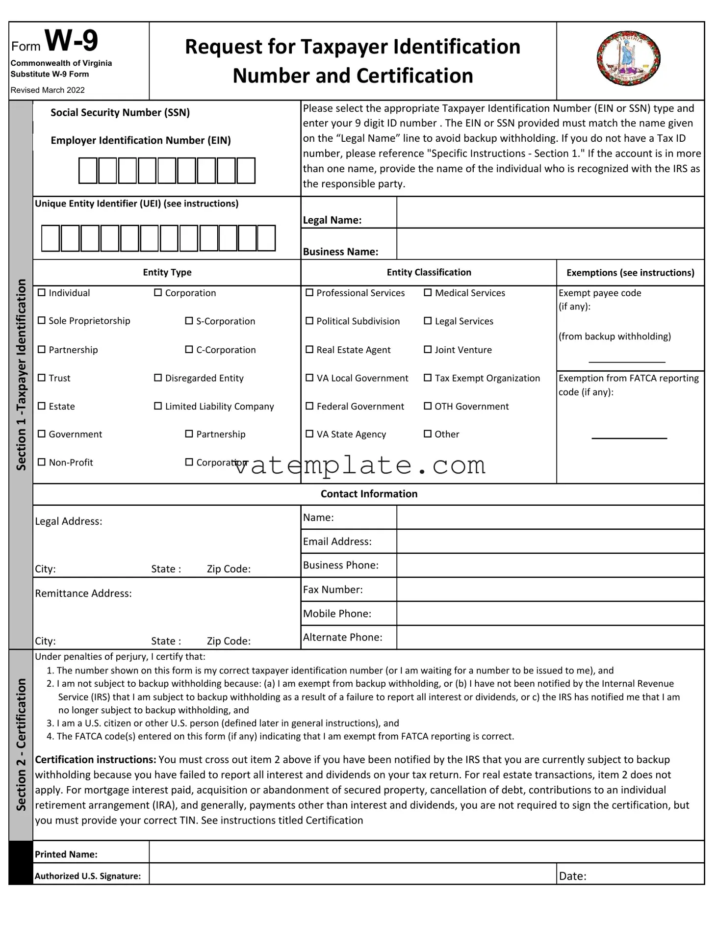 Fill Out a Valid Virginia State W 9 Template