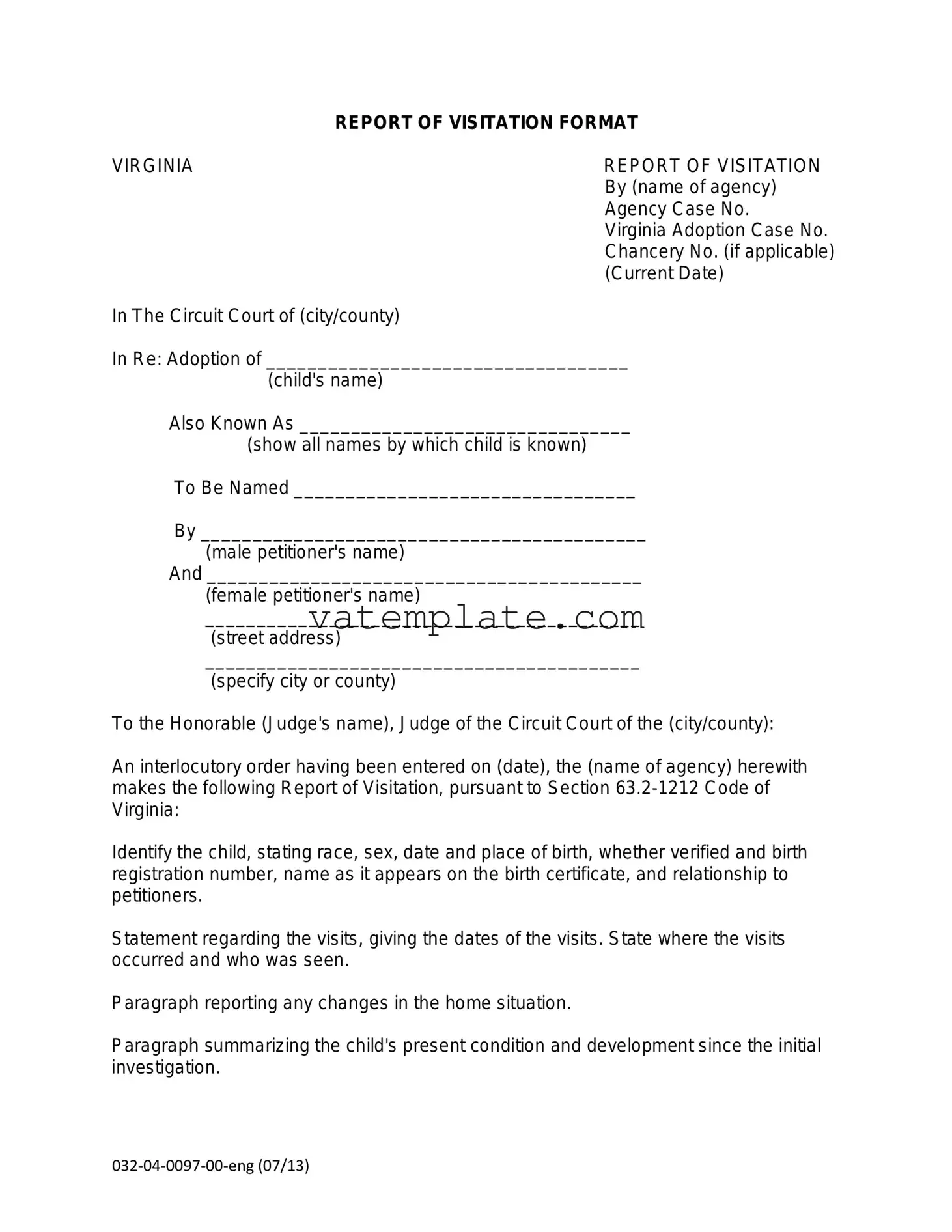 Fill Out a Valid Visitation Status At Virginia Template