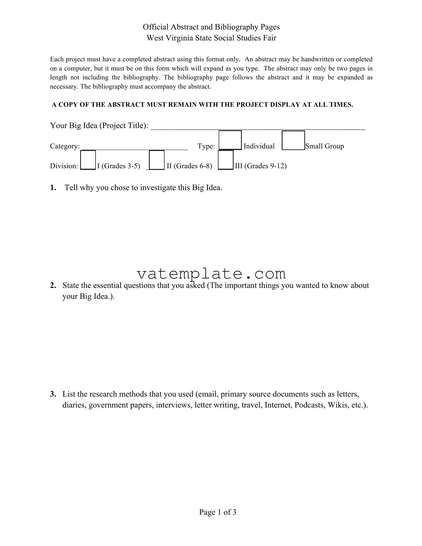 Fill Out a Valid West Virginia Abstract Social Studies Fair Template