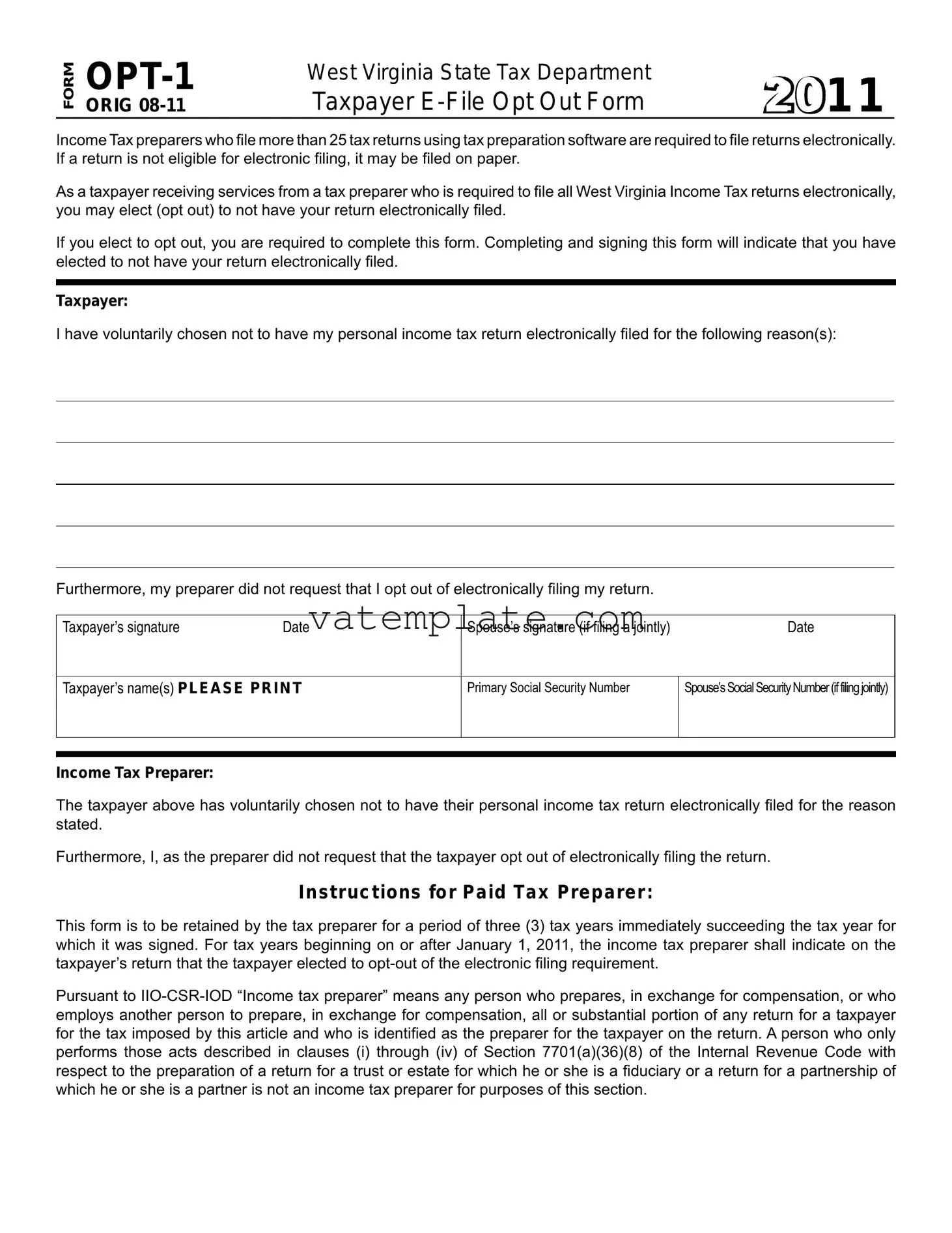 Fill Out a Valid West Virginia Opt 1 Template
